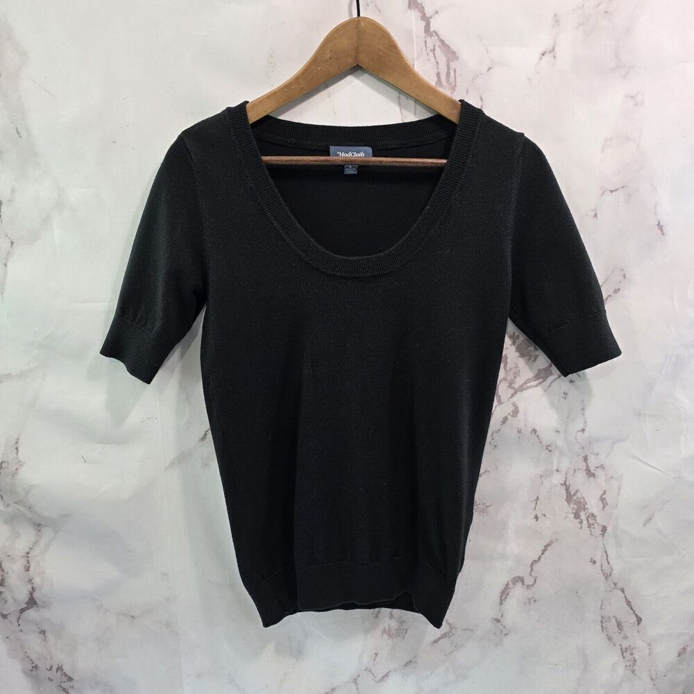 Modcloth Sweater Womens Small Black Short Sleeve Scoop Ribbed Lightweight
